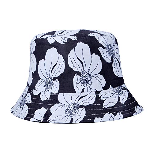 ZLYC Fashion Print Bucket Hat Summer Fisherman Cap for Women Men(Big Flower Black),One Size