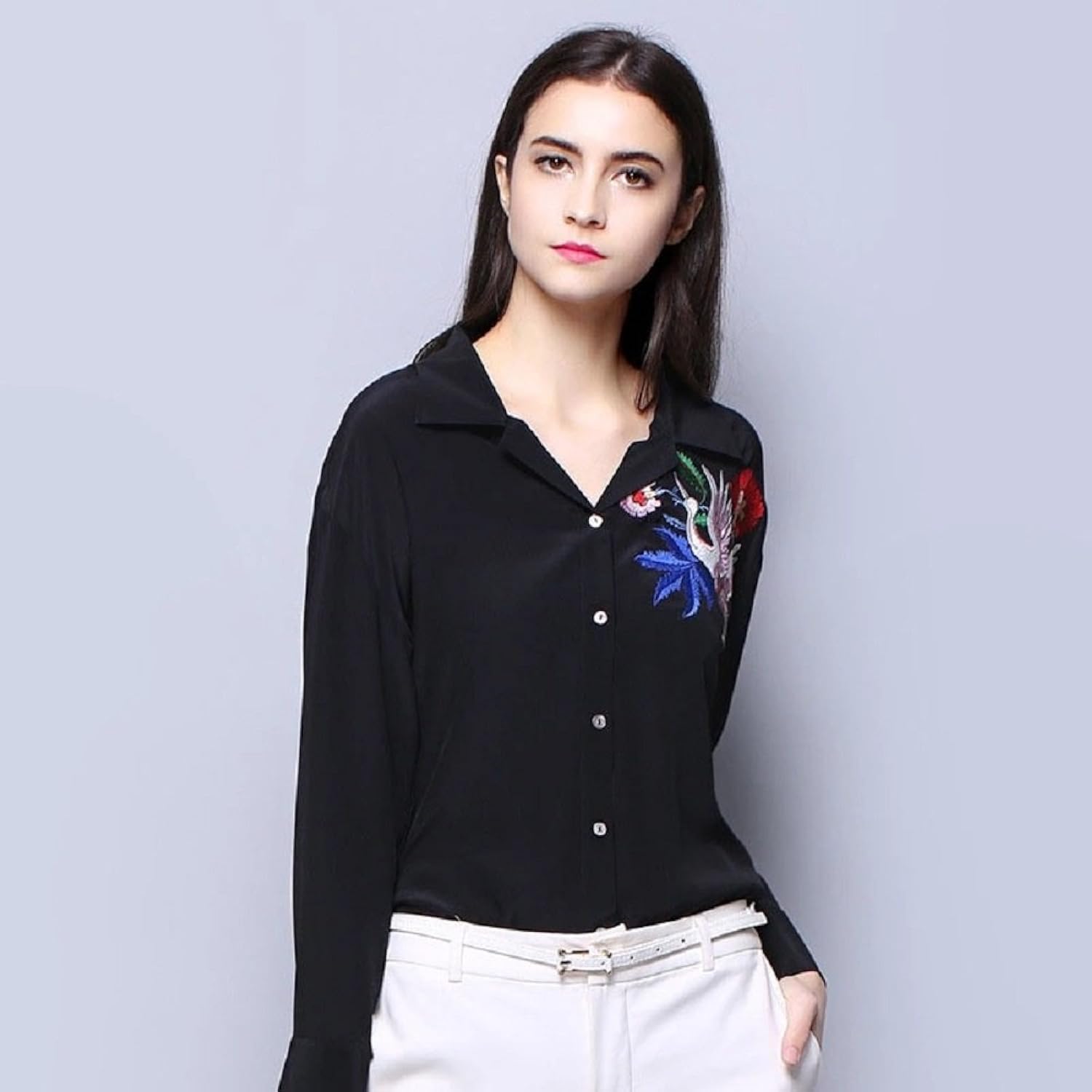 mizago women's casual floral embroidered black/white and solid olive green shirt