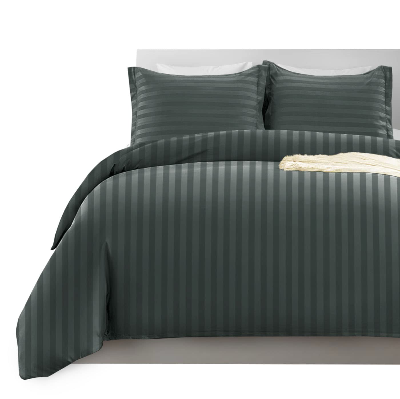 Imperial Rooms Double Duvet Set Reversible Stripes Satin Bedding Set with Pillowcases Breathable Microfiber Duvet Cover (Charcoal 200x200 Cm) — image 1