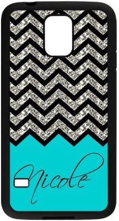 Black Grey Chevron &amp; Turquoise Pattern (NOT ACTUAL GLITTER) Personalized Custom Samsung Galaxy S5 Best Rubber &amp; Plastic Case
