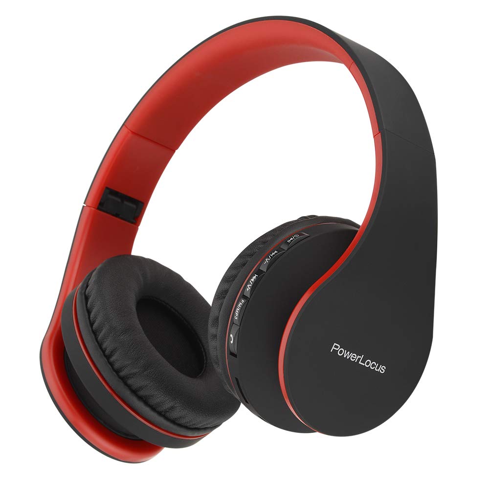 PowerLocus Wireless Bluetooth Over-Ear Stereo Foldable Headphones, Wired Headsets Noise Cancelling with Built-in Microphone for iPhone, Samsung, LG, iPad (Black/Red)