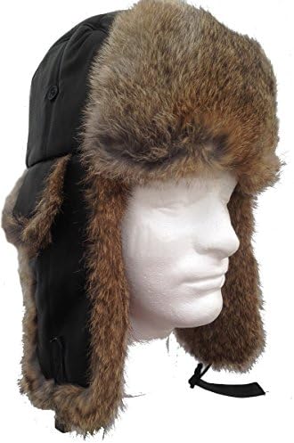 Genuine Black Sheepskin and Tan Rabbit Fur Trooper Trapper Aviator Hat