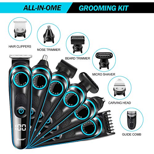 Innoo Tech Tondeuse à cheveux professionnelle pour homme 5 en 1 multifonction sans fil pour barbe, nez et corps, kit de coupe de cheveux tout-en-un avec affichage LED rechargeable par USB humide