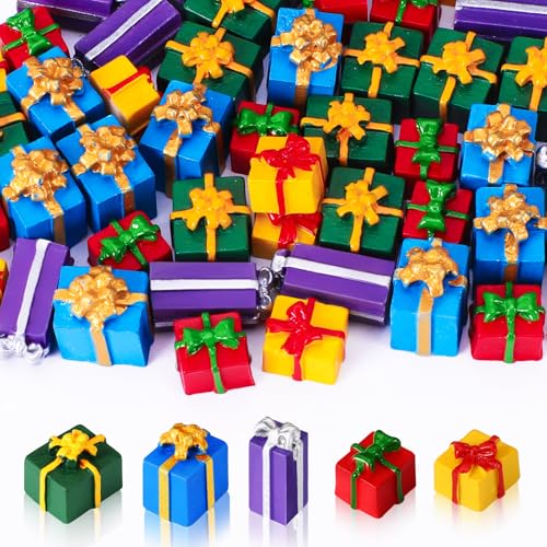 JUNEBRUSHS 50 Pcs Christmas Miniatures for Crafts, Christmas Tree Mini Resin Presents Charms Mini Christmas Ornaments Figurines for Tree Decor Vase Filler Xmas Crafts