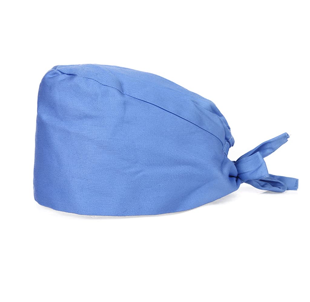 Unisex Scrub Cap with Sweatband Adjustable Tie 100% Cotton Elastic Chef Hat Food Spa Beauty Salon Cap Reusable Washable Multipurpose Hat (Light Blue)