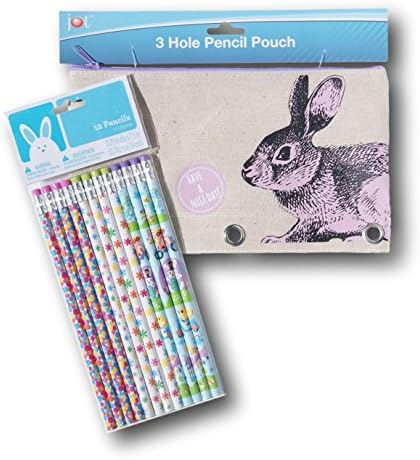 Colorful Pencils and Zip-Up Bunny Pencil Pouch Set