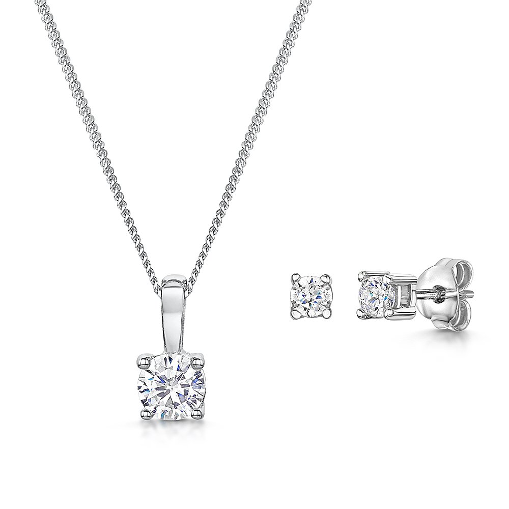 JOOLS by Jenny Brown - Sterling Silver Solitaire Pendant And Earring Set - AAA Quality 0.30 Carat Cubic Zirconia Round Brilliant Cut Stone Pendant And Matching Earrings