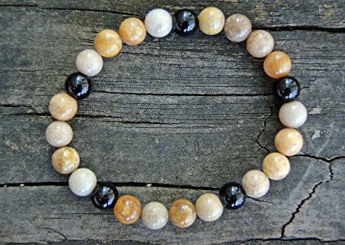 Men's Natural Gemstone Fossil Coral and Onyx Beaded Bracelet