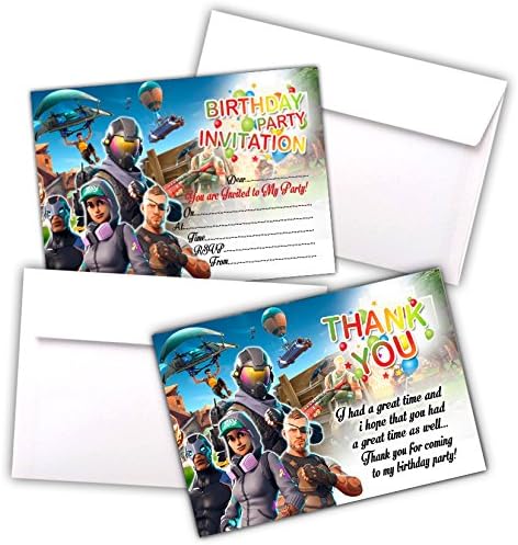 Fortnite Invitations | A6 Pack of 20 Cards | Party Invites | Kids Children Boys Girls | 200gsm Gloss Cards | with C6 Envelopes & Thank You Cards Options (With Thank You Cards & Envelopes)