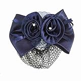 Women Rhinestone Inlaid Blue Flower Bow Hair Clip Snood Net Bun Cover Barrette