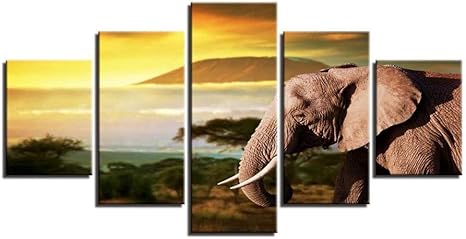 Amazon Opqasp 5キャンバス絵画モジュラーポスターキャンバス絵画hdプリント5ピース動物象とツリー島風景画像壁の装飾アート Xl 5pcs ウォールステッカー オンライン通販