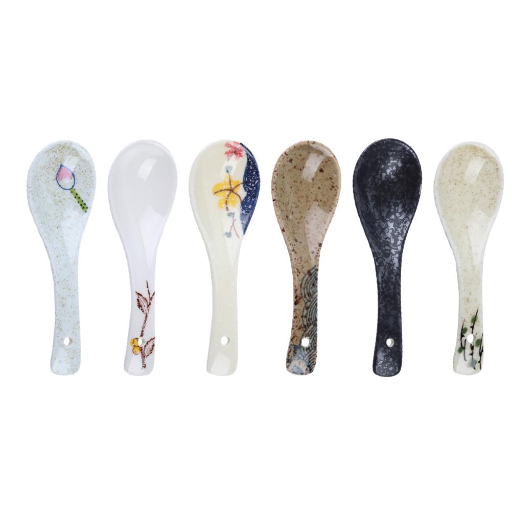 DOITOOL Japanese Soup Spoons Set of 6 Ceramic Asian Style Spoons for Home and Restaurant Use Classic Smooth Surface Tableware for Soup Ramen Dumplings 5.51 X 1.77 X 0.39 Inch