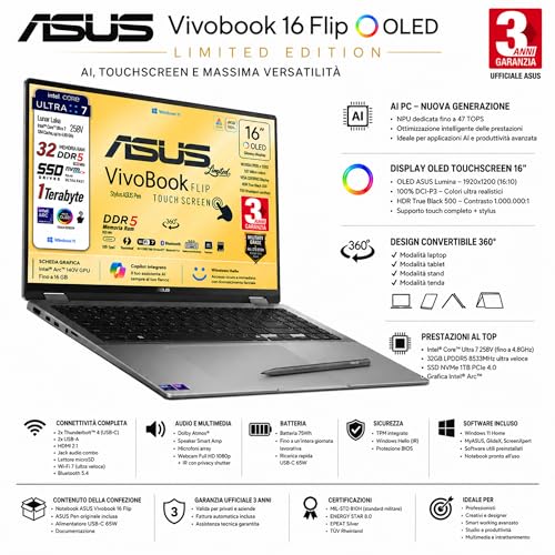 ASUS Vivobook 16 FLIP, Intel® Core™ Ultra 7 258V, Intel Arc Pro, OLED Display Touchscreen 16" WUXGA FHD+, DDR5 32Gb, SSD 1Tb, Win 11, Wi-Fi 7, BT 5.4, Backlit Keyboard, Pen, Gar 3 Years
