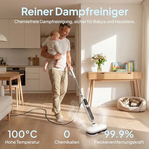 Livatro Hard Floor Steam Cleaner with Rotating Mop Head | 1300 W, steam in approx. 30s, 500ml tank, 15 accessories, 5m cable and 4 washable pads