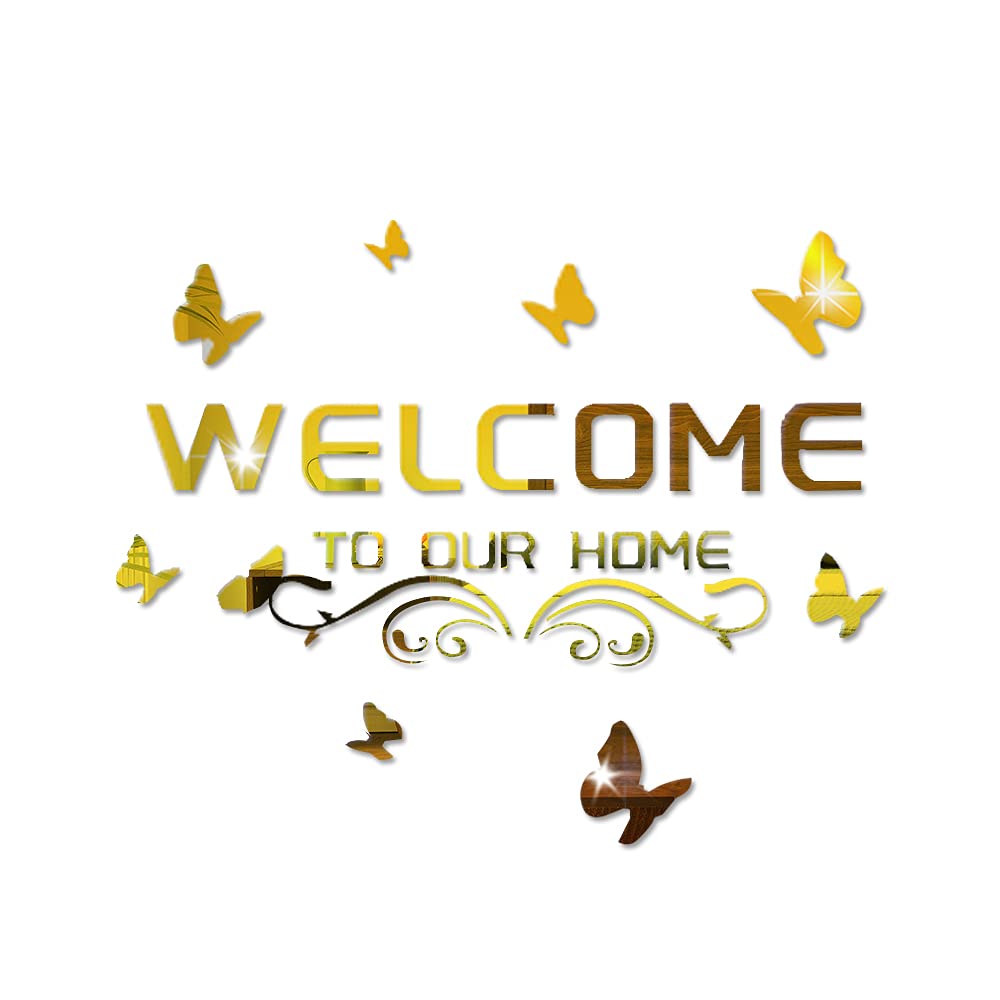 Welcome to Our Home Acrylic Mirror Wall Stickers Sign Letters with Butterfly and Vine, Removable Mirror Wall Decals, Art Murals for Living Room, Door, Porch Decoration (Gold)