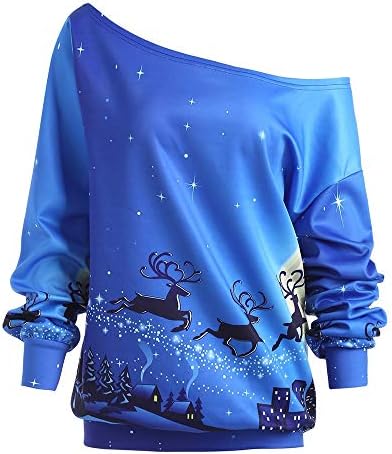 Youngh Christmas Womens Sweatshirt Skew Collar Santa Claus Print Loose Long Sleeve Casual Shirt Tops Blouse