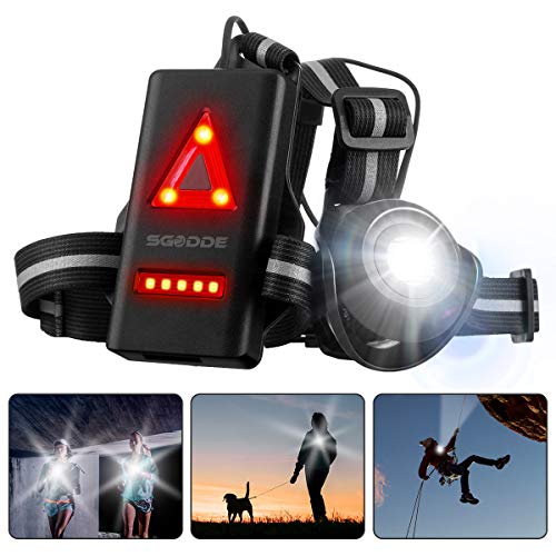 SGODDE Outdoor Night Running Lights, LED Chest Run Light with 500 Lumens Adjustable Beam, Safety Back Warning with Rechargeable Battery for Camping, Hiking, Running, Jogging, Outdoor Adventure