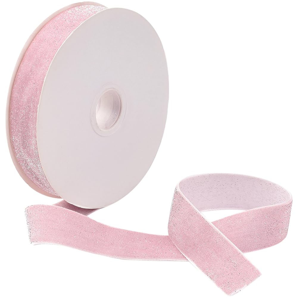 CABODYALS 9.14M 25mm Glitter Light Pink Velvet Ribbon Soft Single Sided Silver Trim Metallic Shimmer Polyester Fabric Ribbons Bundle Rolls with Spool for Making Craft Gift Wrapping Wedding DIY