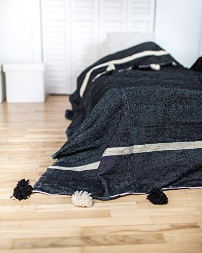 Velvet Sky. Moroccan Pom Pom Blanket Throw, Quilt, Bedding, Wool. Large (78 x 118 inches / 2 x 3 m)
