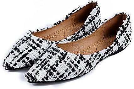 Meeshine Womens Traditional Pointy Toe Ballet Flats Slip On Plaid Costume Flat Sneakers