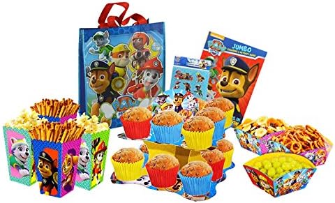 Paw Patrol Party Supplies Pack INCLUDES Snack Boxes, Snack Bowls, a Two-Tier Snack Stand, and Coloring Book, Sticker Set, and Tote Bag for the Birthday Child!