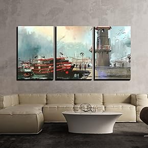 3 Piece Canvas Wall Art - Fishing Boat in Harbor,Digital Painting - Modern Home Art Stretched and Framed Ready to Hang - 16"x24"x3 Panels