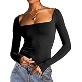 Dwnval Long Sleeve Shirts for Women - Basic Slim Fit Double Lined Square Neck Crop T Shirt