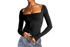 Dwnval Women's Sexy Long Sleeve Crop Top Square Neck Double Lined Basic Slim Fit T Shirt