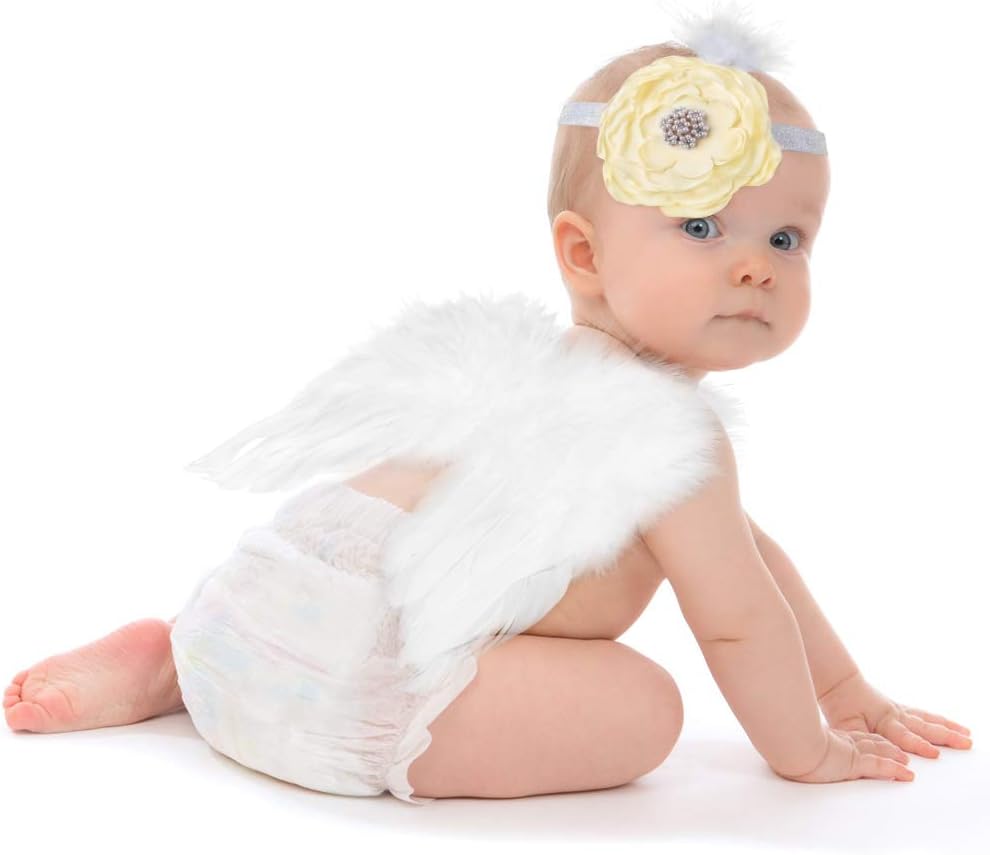 Newborn Photography Props, White Feather Angel Wing | Flower Headband | Infant Girl Boy Cute Photo Picture Prop Outfits | Festival Photoshoot Costume Lovely Birthday Gift