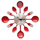 ZHPUAT 14 Inch Stainless Steel Housewares Cutlery Indoor/Outdoor Wall Clock Red (Kitchen)