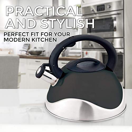 Whistling Stainless Steel Tea Kettle With Soft Grip Ergonomic Handle by American Dream- Stovetop Pot 3.2 QT-Black - Thumbnail 6
