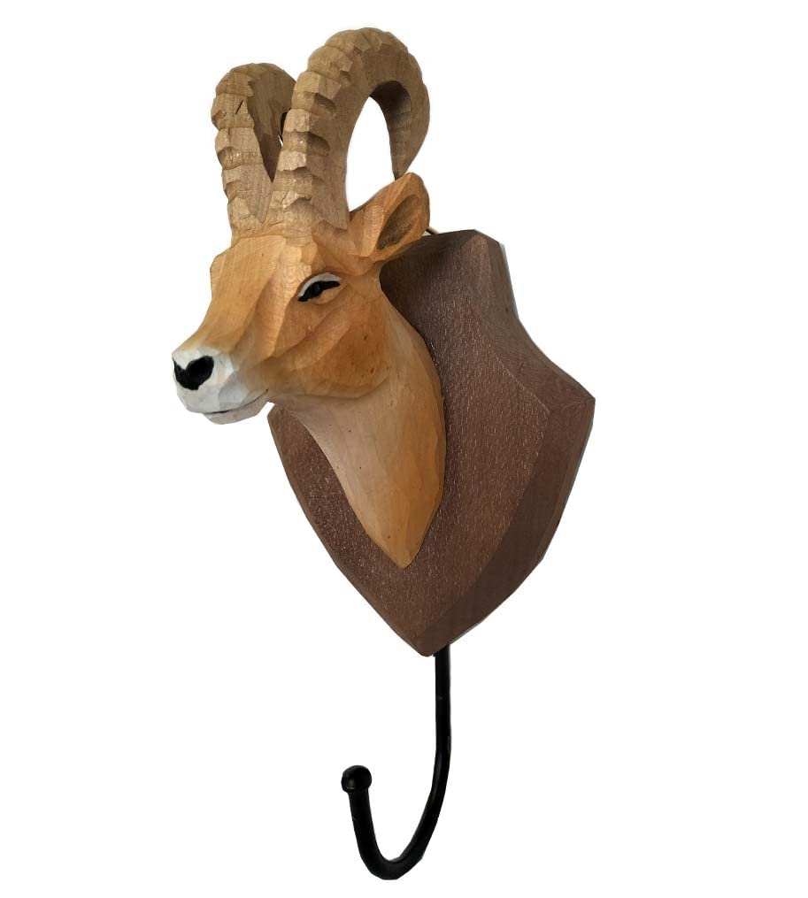Wall Hook / Coat Hook Wooden Trophy on Trophy Sign Mufflon with Metal Hooks Handmade Country House Style Approx. 21 cm