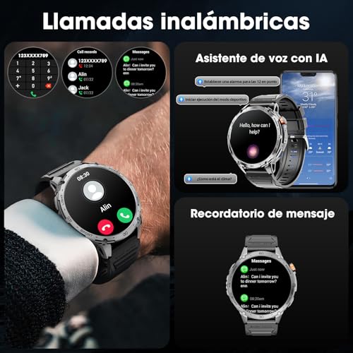Reloj Inteligente Hombre 1,75" AMOLED 730mAh 110+ Modos Deportivos, Reloj Militar Hombre Pulsómetro/Sueño/Podómetro/IP68 Impermeable, Smartwatch con LED Linterna para Android iOS (Llamadas Bluetooth)