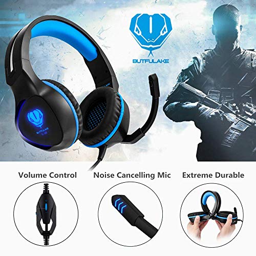 BUTFULAKE Pro Stereo Gaming Headset for Xbox One, Xbox One S, PS4, PC, Nintendo Switch, Mac, Laptop, Computer, 3.5mm Wired Over-Ear Gaming Headphones with LED Light & Noise Canceling Microphone, Blue