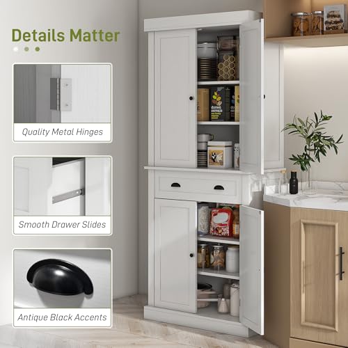 HOMCOM 72" Tall Kitchen Pantry Cabinet, Modern Buffet Storage Cabinet with 4 Recessed Doors, Drawer and Adjustable Shelves, White
