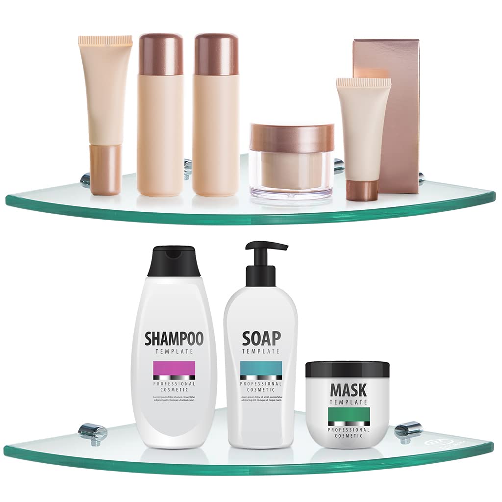 Skelang 2Pcs Glass Bathroom Shelf Wall Mounted 292×292mm, Shower Caddy with 8 Brackets, 8mm Thick Tempered Glass Corner Shelf for Cloakroom, Kitchen, Living Room, Bedroom