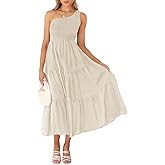 ZESICA Women's 2026 Bohemian Summer Floral Print One Shoulder Sleeveless Smocked Ruffle Tiered Beach Long Midi Dress