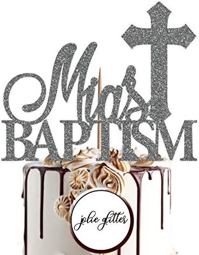 Cake Topper Custom Personalised Baptism Baby Girl Boy New Born Gold Any Name Any Age Glitter (Silver)