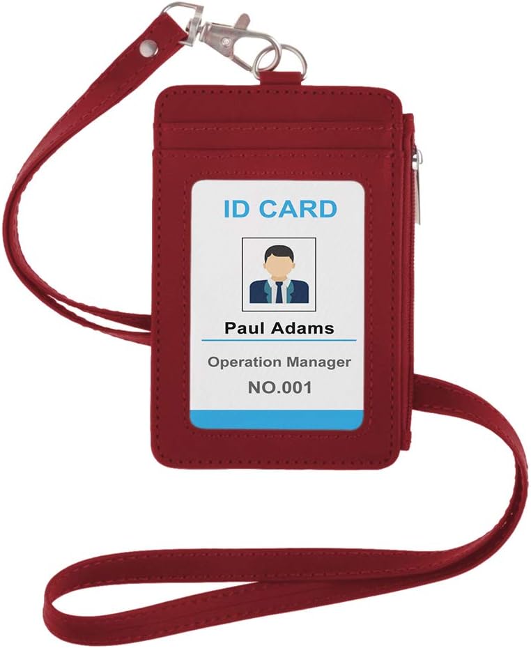 GOGO Professional ID Badge Holder 2-Sided Vertical Style PU Leather with Zipper Pocket and Leather Neck Lanyard-Red