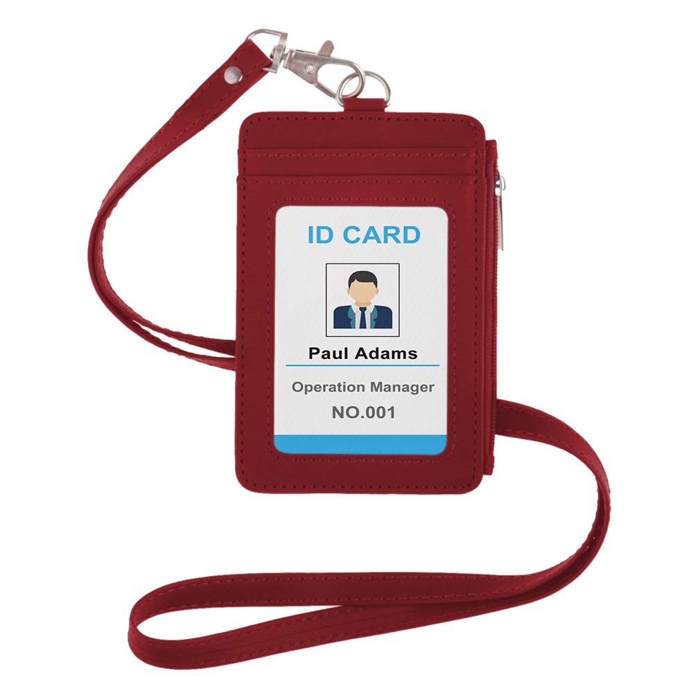 GOGO Professional ID Badge Holder 2-Sided Vertical Style PU Leather with Zipper Pocket and Leather Neck Lanyard-Red