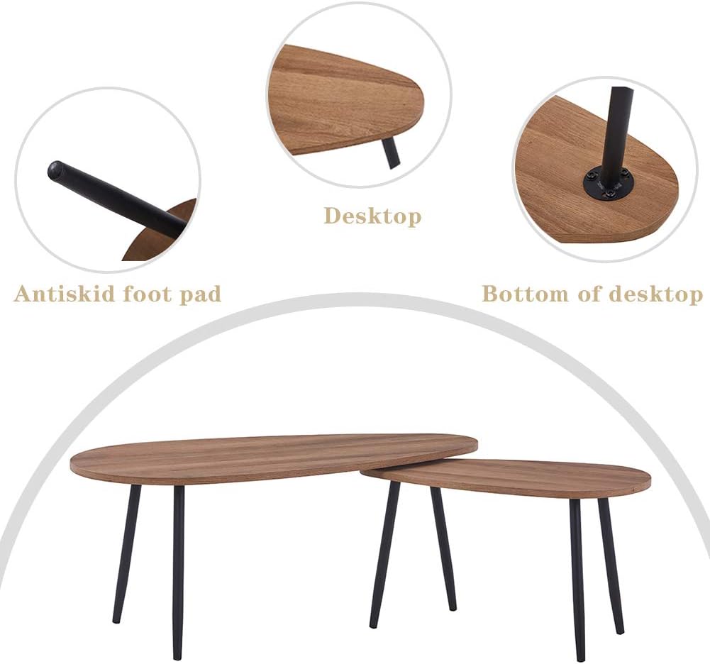 GOLDFAN Triangle Coffee Table Set Nest of 2 Tables Modern Sofa Coffee Side Table Black Metal Table Legs for Living Room Walnut - Image 4