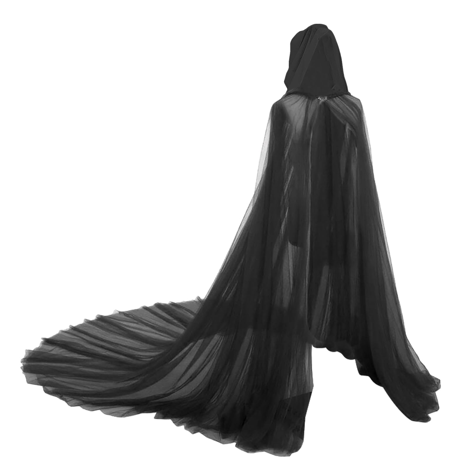 FakeFace Women Tulle Hooded Cloak Wedding Bridal Dress Robe Vampire Witch Elf Full Length Cape with Hood Halloween Cosplay Costume (Black)