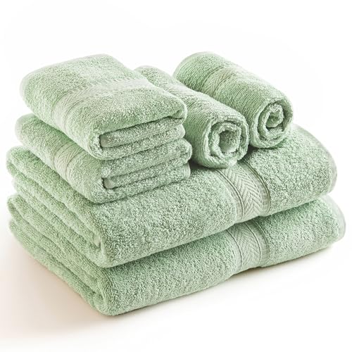 Sweet Needle Towel Set - 2 Bath Towels 2 Hand Towels & 2 Wipes Daily Use 500gsm Ring Spun Highly Absorbent Bathroom Sage Green (Pack of 6)