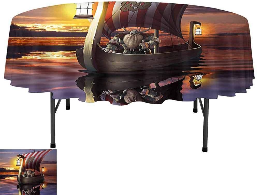 Aishare Store Spill Proof Table Cloth, D63 Inch Table Cover for Holiday Dinner, Viking A Warrior with Sword and Helmet in Ship Evening Twilight Barbarian Nordic Scandinavian Print Multi