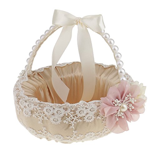 Flower Girl Basket Ribbon Bow Pearl Handle Silk Satin Lace Flower Basket for Wedding Bridal Ceremony Party Decoration Supplies - Thumbnail 2