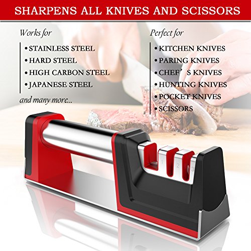 Joso Professional Kitchen 3 Stage Stainless Knife Sharpener with Diamond Tungsten Ceramic for Dull Steel, Paring, Chefs and, medium, Red, Black, chrome, silver