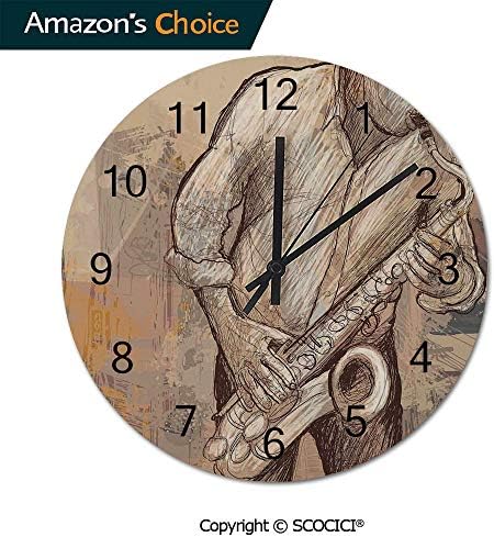 Round Retro Wooden Wall Clocks/Jazz Musician Playing The Saxophone Solo in The Street on Grunge Background Art Print/Silent Non Ticking Quartz Clocks & 12 Inch