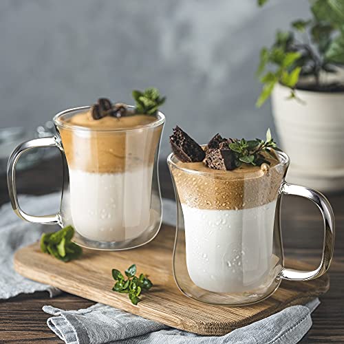 ecooe Set of 2 Double Walled Coffee Cups for Latte Macchiato - Borosilicate Glass, 2 Pack, 240 ml, with Handle for Cappuccino, Tea, Ice, Milk, Beer