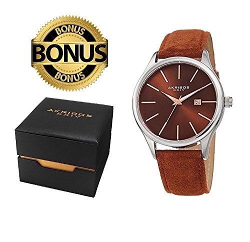 Akribos XXIV Mens Suede Leather Watch  Classic Round Casual Designer Wristwatch with Date Window and Sunray Dial  Brown - AK1019SSBR