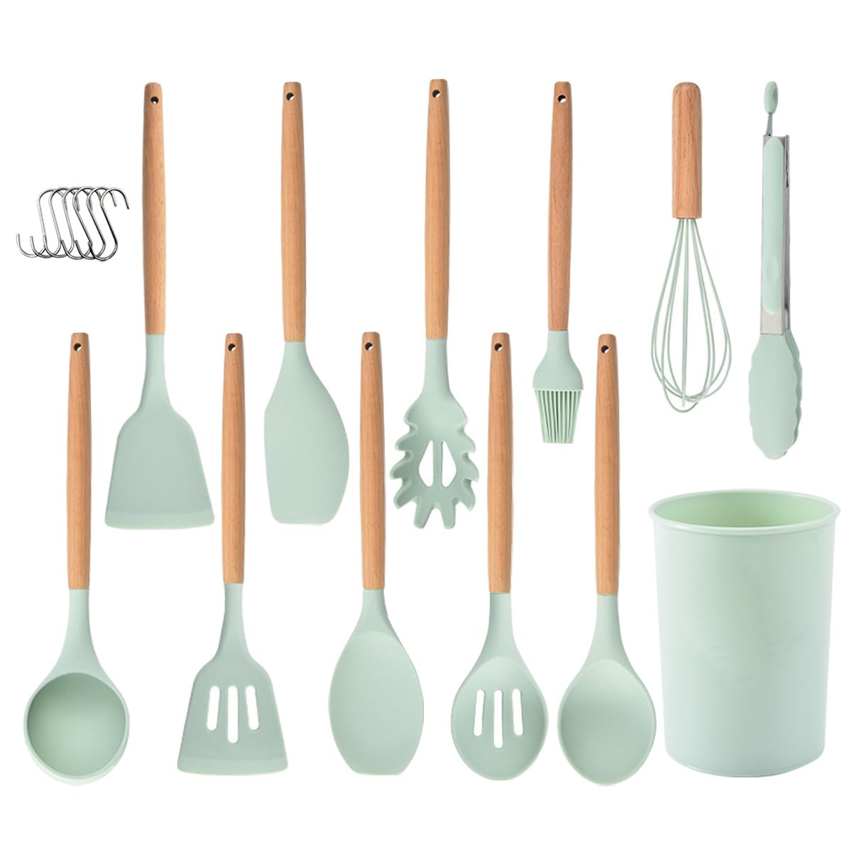 Kitchen Utensil Set 12 PCS Silicone Cooking Utensils Set with Wooden Handle, Heat Resistant, Nonstick Cookware Tongs Spatula Spoon Set Dishwasher Safe Best Kitchen Tools with Holder (Green)